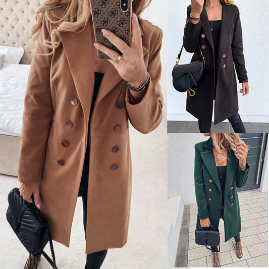 Solid color double breasted woolen coat